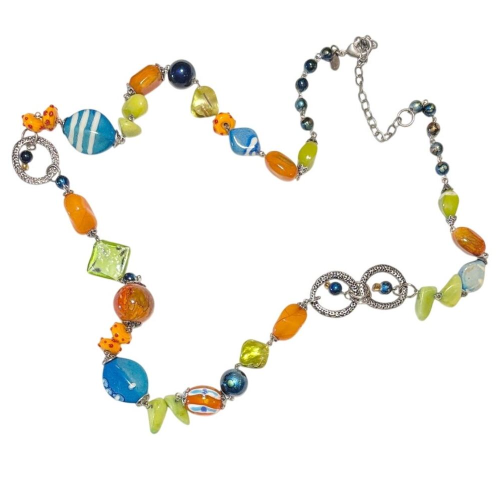Chicos Art Glass Beaded Necklace Bright Cabochons Tropical Orange Teal Green